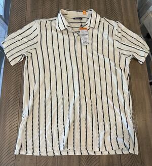 NWT Zudio Mens Knit Polo Shirt XL Off White Black Striped Short Sleeve Casual